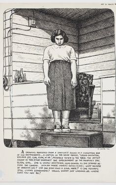 an old black and white drawing of a woman standing on a step in front of a house