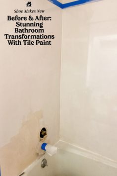 a bathroom with white walls and blue trim around the tub, which is being painted