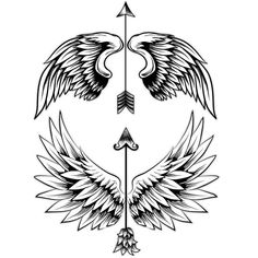 an arrow and two wings with arrows on the side, both in black and white