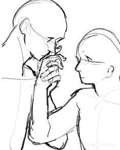 a drawing of two people with one holding the other's hand up to their face