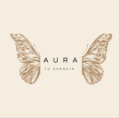 the words aura written in gold on a white background with two butterflies flying over it