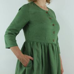 "Spring dress, Write the selected color in the message Handmade green color linen dress with 3/4 long sleeves and 2 pockets , perfect for casual wear and suitable for any occasion in any season Details: - 100% natural linen produced in Europe ; - medium weight (180 gram per square meter); - color: green, could be any from our colors catalo (color samples at the photo); Made to order, approximately a few days, If you have any questions please message me and I will be glad to answer. Size guide : Green Linen Dress With Pockets, Green Linen Dress With Buttons, Green Linen Dress With Pockets For Spring, Spring Green Linen Dress With Pockets, Linen Casual Dress, Linen Summer Dress, Natural Linen Dress, Linen Dress Women, Linen Summer