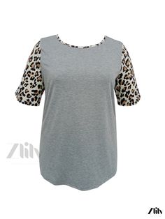 Zlily - Womens Plus-Size Colorblock Leopard Print T-Shirt with Short Sleeves and Round Neckline: A Casual Wardrobe Essential Gray Patchwork Short Sleeve Tops, Gray Spliced Short Sleeve Top, Gray Short Sleeve T-shirt With Splicing, Cotton Leopard Print T-shirt For Summer, Trendy Short Sleeve Leopard Print T-shirt, Cotton T-shirt With Leopard Print And Crew Neck, Gray Spliced Short Sleeve T-shirt, Fitted Leopard Print Short Sleeve T-shirt, Cheap Casual Leopard Print T-shirt