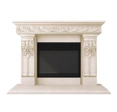 a white fireplace with an ornate design on the mantle