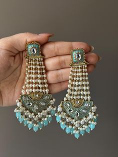 Indulge in royal appeal with these high quality meenakari work chandbali earrings. These perfectly light weight earrings are saw to attract compliments your way.  In case of any queries, please feel free to reach out to us. Happy shopping! Luxury Blue Chandbali Danglers, Blue Chandbali Earrings, Sky Blue Earrings, Jewelry Pakistani, Chandbali Earrings, Earrings Indian, Indian Wedding Jewelry, Jewelry Outfit, Light Weight Earrings