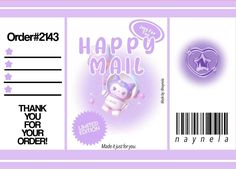 a purple ticket with the words happy mail on it and an image of a teddy bear