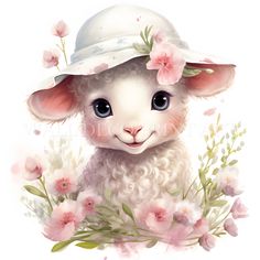 a little lamb wearing a white hat with pink flowers on it's brim