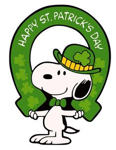 a cartoon dog wearing a green hat and holding a sign that says happy st patrick's day