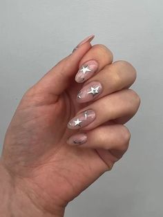 Pink And Silver Star Nails, Star Silver Nails, Grey Star Nails, Star Design On Nails, Silver Aura Nails, Star Nails Silver, Silver Stars Nails, Almond Star Nails, Star Almond Nails