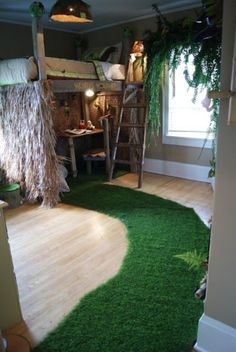 a bedroom with green carpet and ladders to the top bunk bed, next to a window