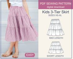 Kids / Girls Tiered Gathered Boho Skirt PDF Sewing Pattern - Digital Download Description This Kids Tiered Gathered Rouched Peasant Skirt PDF Pattern features 3 tiers, 2 lengths, and an elastic pull-on waistband. This tiered skirt pattern can be sewn with your favorite knit or woven fabrics. You can do 2 tiers if you would like a shorter version.  The pattern comes with an illustrated sewing instruction tutorial and an easy-to-print PDF. Pattern pieces are computer-generated and color-coded for easy cutting. There is an A0 format for printing at a copy shop and a letter size version so you can print the pattern file at home or on any standard printer.  The lengths to choose from are Midi (mid calf) and Regular (lower theigh). The length can be easily adjusted.  Sizes: XXS - ages 3-4 XS - a Long Skirts For Kids, 3 Tiered Skirt Pattern, Kids Long Skirt, Tiered Gathered Skirt, Girls Skirt Pattern, Tiered Skirt, Kids Long Skirts, Tiered Skirt Pattern, Girls Maxi Skirt