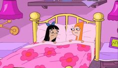 an animated image of two people laying in bed with pink and yellow comforters on