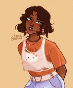 a drawing of a woman with an orange shirt and hello kitty earrings on