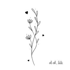 a black and white drawing of flowers with hearts