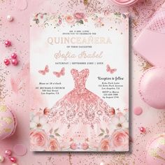 a pink and gold quinceauera bridal party with flowers, butterflies and confetti