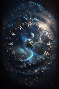 an abstract clock with stars and planets in the background, as if it were taken from outer space