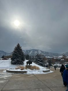 the sun shines brightly over a statue of a bull in a snowy park with mountains in the background