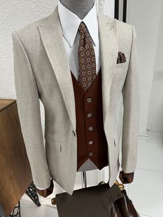 Comfortable Mens Shoes, Beige Suits, Beige Vest, Brown Vest, Dapper Men, Jacket Vest