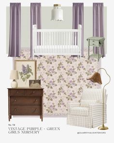 an image of a baby's nursery room with furniture and decor on the walls