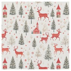 an image of christmas fabric with deers and trees in the background on a white background