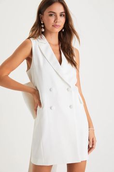 White Blazer Dress - Bow Blazer Dress - Boxy Blazer Mini Dress - Lulus Chic Long Sleeve Mini Dress For Work, Elegant Spring Vest Dress, Summer A-line Mini Dress For Work, Chic Asymmetrical Mini Dress For Work, Chic Fitted Sleeveless Mini Dress, Elegant Sleeveless Mini Dress For Work, Elegant Summer Dress With Vest Detail, Elegant Summer Vest Dress, Elegant Summer Dress With Vest