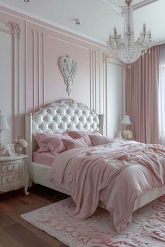 a bedroom with pink walls, white furniture and a chandelier hanging from the ceiling