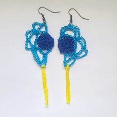 Blue Yellow Handcrafted Crochet Floral Blume Earrings Measures 4" Long And 1.5" Wide Handmade By Found Things Art Blue Macrame Dangle Earrings, Blue Dangle Earrings With Macrame, Honey Bee Earrings, Front Back Earrings, Gemstone Drop Earrings, Crochet Fringe, Blue Dangle Earrings, Blue Crochet, Baroque Pearl Earrings