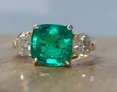 Emerald Three Stone Ring, Emerald Engagement Ring Green, Affordable Rings, Special Ring, Yellow Gold Engagement, Emerald Engagement, Emerald Engagement Ring, Three Stone Rings, Gold Engagement