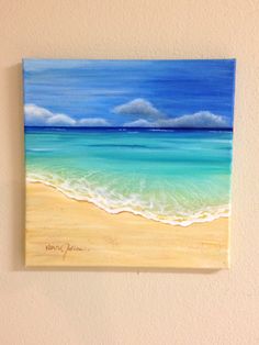 an acrylic painting of a beach scene with blue water and white clouds in the sky