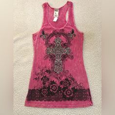 Vocal Women's Pink Tank Top With Cross & Rhinestones. Size Large. New! Pink Fitted Tops With Rhinestones, Fitted Pink Tops With Rhinestones, Spring Pink Rhinestone Tops, Summer Pink Tops With Rhinestones, Casual Pink Tops With Rhinestones, Casual Pink Embellished Tops, Baddie Tops, 2000s Baddie, 2000 Clothes