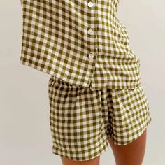 Botanical Green Gingham Linen Pajama Shorts | Piglet in Bed US