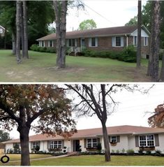 before and after photos of a house in the suburbs, with trees on either side