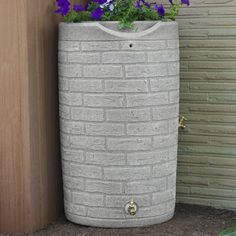 a planter with purple flowers in it sitting next to a wall and wooden door