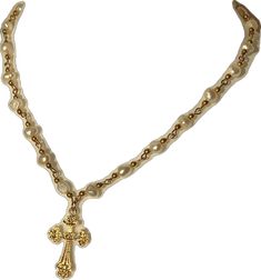 Gold Pearl Crucifix Jewelry, Gold Cross Necklace With Pearl Charm, Gold Crucifix Necklace With Beaded Details, Gold Beaded Crucifix Jewelry, Gold Cross-shaped Pearl Necklace, Gold Cross Pearl Necklace, Gold Pearl Chain Cross Necklace, Gold Pearl Cross Pendant Necklace, Gold Pearl Necklace With Cross Pendant