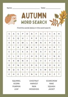 an autumn word search is shown in this printable worksheet for kids to learn