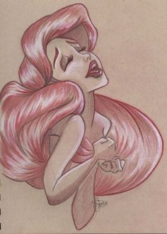 a drawing of a pink haired girl with long hair and eyes closed, looking to the side