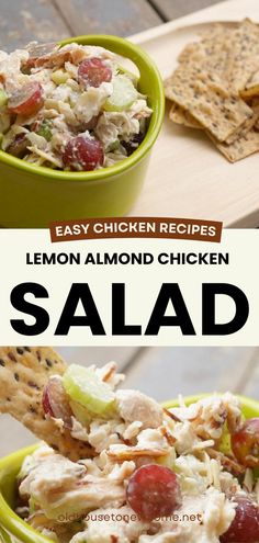 lemon almond chicken salad in a green bowl with crackers