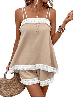 Women's 2 Piece Outfits Fringe Trim Spaghetti Strap Cami Top and High Waist Shorts Set High Waist Shorts, Fringe Trim, Shorts Set, Cami Top, Cami Tops, High Waisted Shorts, Short Sets, Apricot