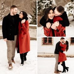 a man and woman are hugging in the snow