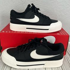 Nike Court Legacy Lift Size 7.5 New With Box Without Lid Black Low-top Platform Sneakers With Branded Heel Counter, Nike Court Legacy Outfit, Court Shoes Women, 2025 Outfits, Nike Court Legacy Lift, Court Legacy Lift, Court Outfit, Nike Court Legacy, Outfit Inspo Fall