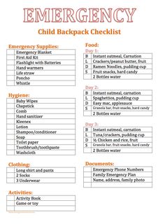 Emergency Kit For Kids, 72 Hour Kit, Emergency Checklist, 72 Hour Emergency Kit, Emergency Go Bag, School Emergency Kit, Emergency Preparedness Food