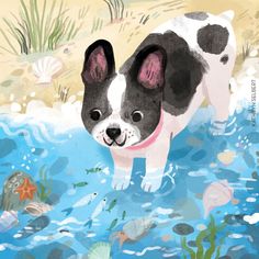 a painting of a dog standing in the water with fish around it's neck