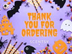 the words thank you for ordering are surrounded by halloween decorations and candy on a purple background