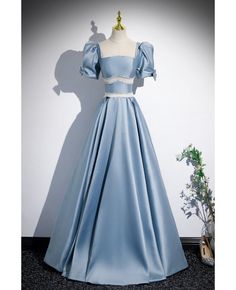 Get 10% off now! Buy uniuqe short sleeve square neck blue long formal dress with beading at cheap price online. Free stable shipping and pro custom service since 2009. Sky Blue Prom Dress, Satin Long Prom Dress, Blue Evening Dress, Blue Prom Dress, Blue Evening Dresses, A Line Shorts, فستان سهرة, Dress A Line, Prom Dresses Blue