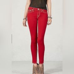 True Religion Red Skinny Jeans/Pants. Actual Waist Measurement Is 26”, Inseam Is 29”, And Rise Is 8”. Fitted Mid-rise Red Jeans, Red Fitted Mid-rise Jeans, Stella Jeans, Yellow Denim, Waist Measurement, Stretch Leggings, True Religion Jeans, True Religion, Jeans Pants