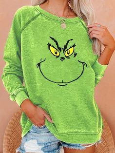 Green Casual Graphic Tops Round Neck Long Sleeve Grinch Printed Sweatshirts Raglan Sleeve Sweatshirt, Loose Fit Sweater, Oversize Pullover, Pullover Mode, Loose Pullover, Sweatshirt Women, Round Neck Sweaters, Hooded Sweater, Long Hoodie