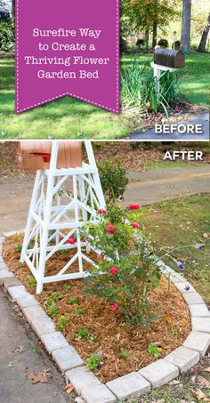 the before and after pictures of a flower bed in front of a mailbox with flowers growing out of it