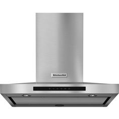 a stainless steel range hood with two exhaust fans on the top and bottom, in front of a white background