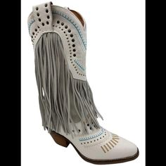 "New - The Item Is Brand-New, Unused, And Unworn. The Item May Or May Not Have The Original Tags And/Or Original Packaging. Style: Gypsy Pull-On, Soft Leather Upper, Snip Toe, Stud Accents, And The Fringe Sways And Dances As You Move Approximate Measurements: Heel 2-1/2"H; Shaft 13"H; Shaft Circumference 12" Measurements Were Taken Using A Medium Size 9; Measurements May Vary Depending On Size Leather Upper; Man-Made Rubber Outsole" Leather Boots For Summer Ranch Activities, Leather Boots For Ranch In Summer, Bohemian White Boots For Fall, Western Fringe Boots For Summer, White Bohemian Boots With Round Toe, White Summer Festival Boots, Western Summer Boots With Fringe, White Western Mid-calf Boots For Summer, Dingo Fringe Boots