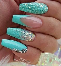 Teal Acrylic Nails, Turquoise Nail Designs, Teal Nail Designs, Summer Acrylic Nails